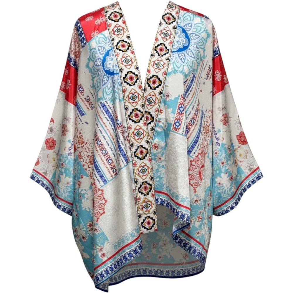 Kimono Wrap - S. Large Floral Faux Patchwork Embroidered Satin Festival Eclectic